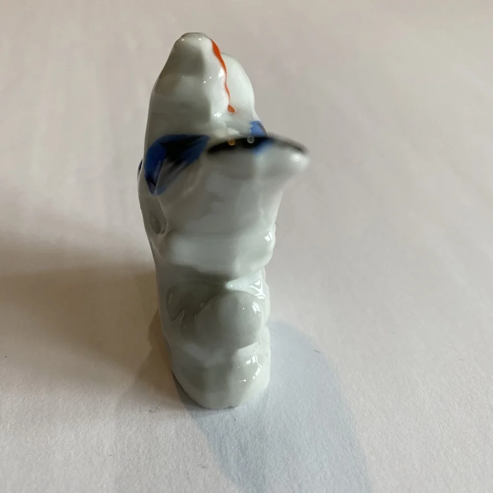Bird Figurine White Blue Wings Miniature Perched Ceramic Hand Painted Japan VTG